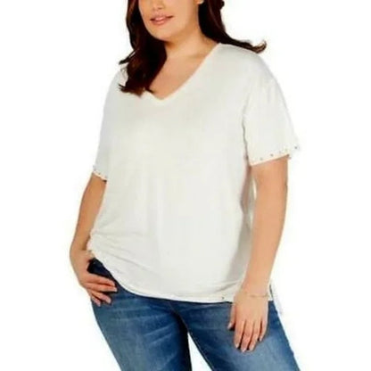 One A Women White/Cream Shirt Top 1X NEW V-neck Gold Stud Trim Short Sleeve Soft