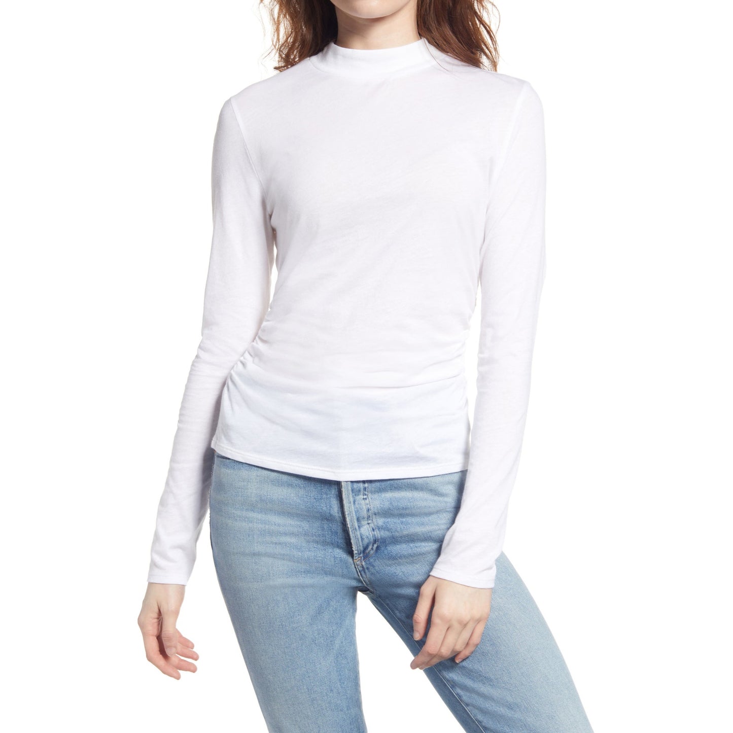 Chelsea28 Ruched Sides Mock Neck Long Sleeve Top Size Small White NWT