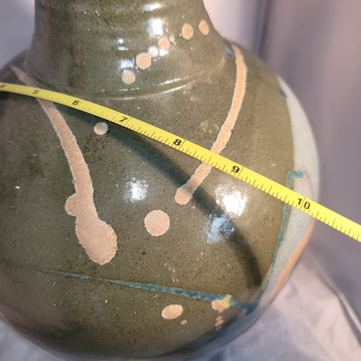 Large art pottery vase URN Clay Signed Pennington Green Blue Modern Design 15.5