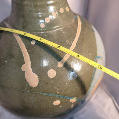 Large art pottery vase URN Clay Signed Pennington Green Blue Modern Design 15.5