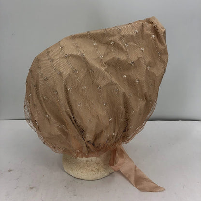 Vintage 1950's Hair Bonnet Vinyl w/ Metallic Mesh Overlay Neck Tie Curlers NUDE