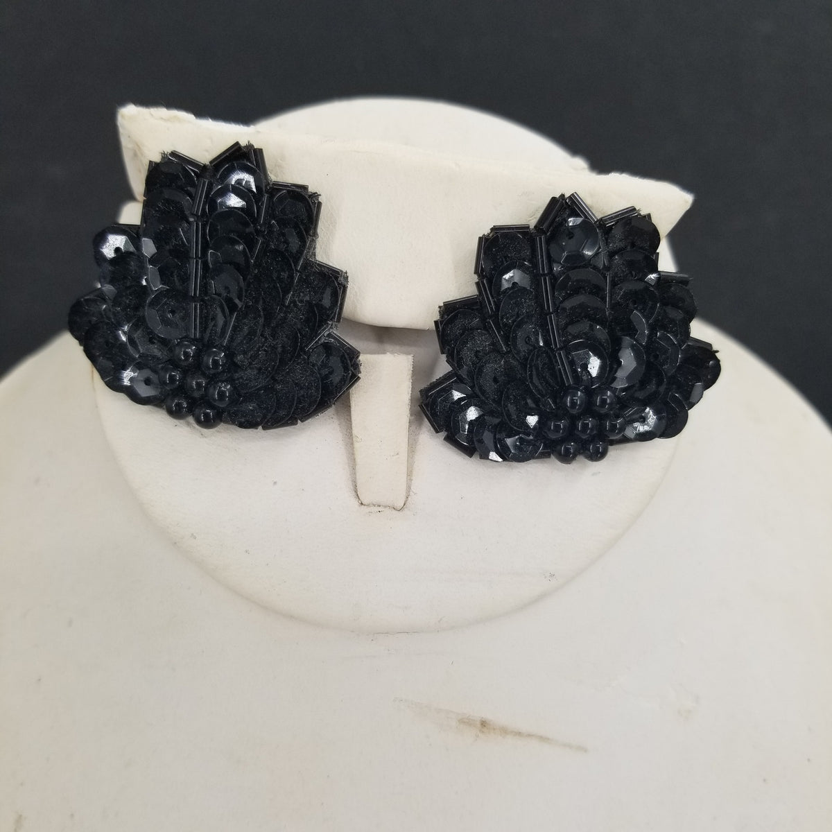 Vintage Black Fabric Sequins Beaded Post Earrings Costume Jewelry
