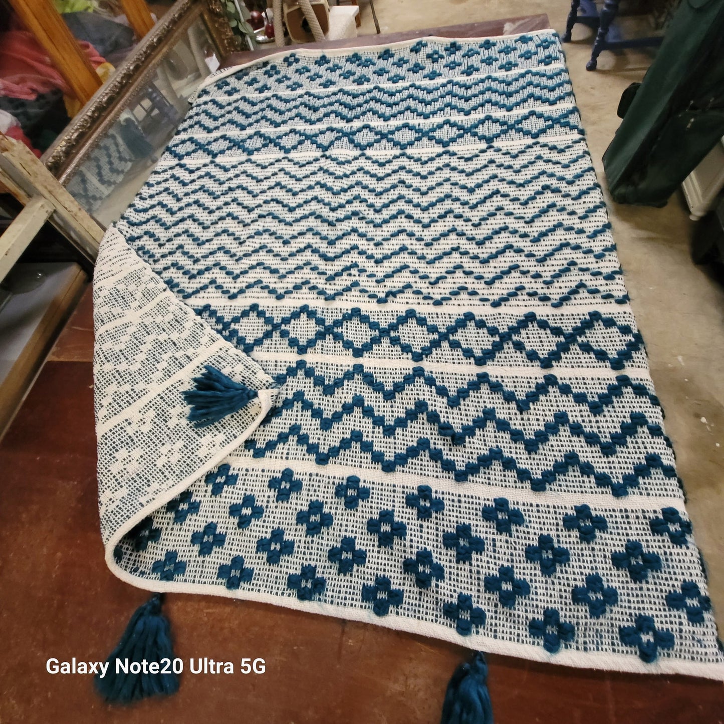 HandWoven Dark Turquoise Throw Blanket Geometric  Contemporary Diamond Tassels