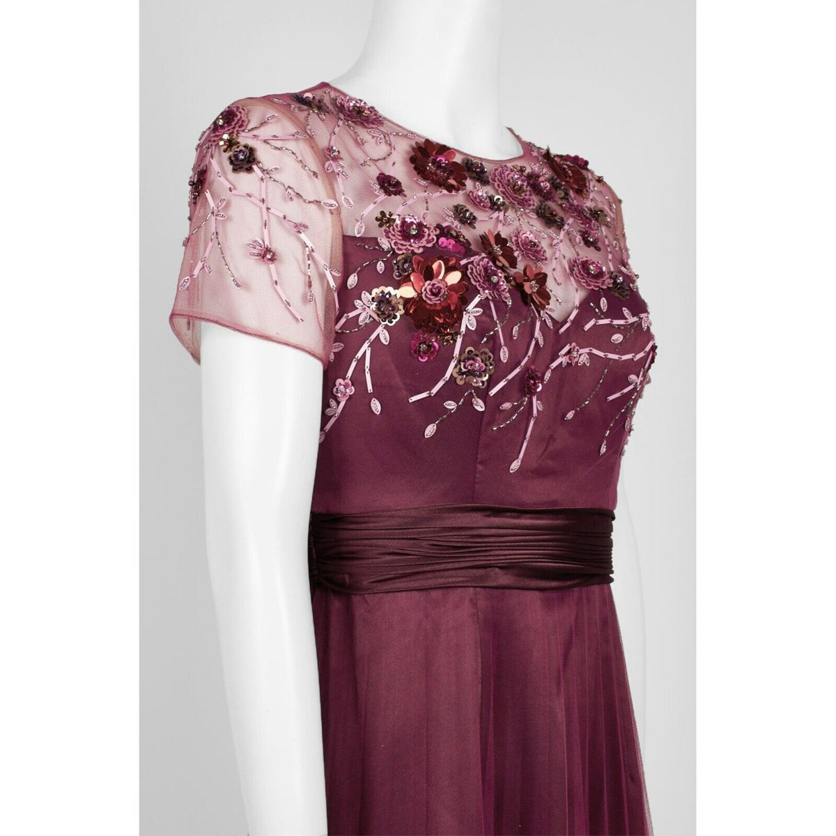 JS Collections Mesh Embellished Bodice Short Sleeve Dress Sz 16 Burgundy NWT