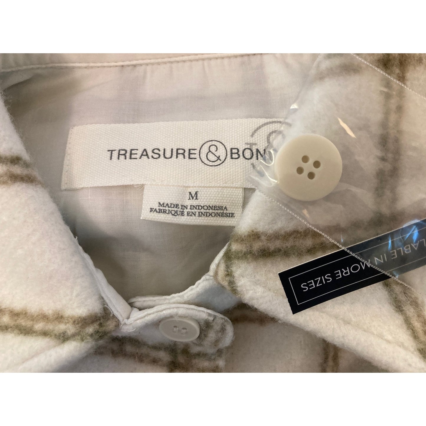 Treasure & Bond Puff Sleeve Flannel Shirt Jacket Sz Medium in Ivory & Green NWT