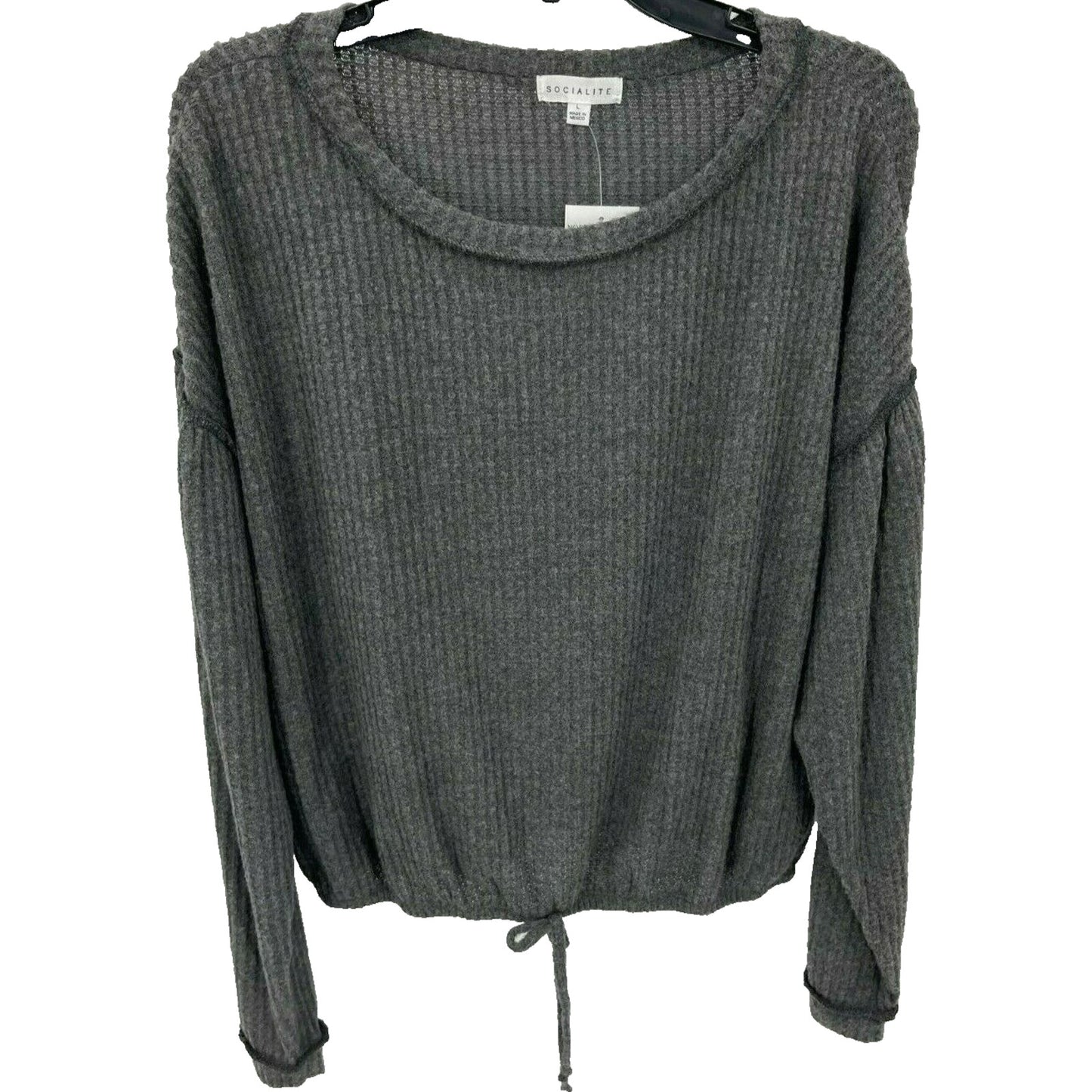 Socialite Waffle Knit Thermal Elastic Waist Scoop Neck Top Sz Large Charcoal NWT