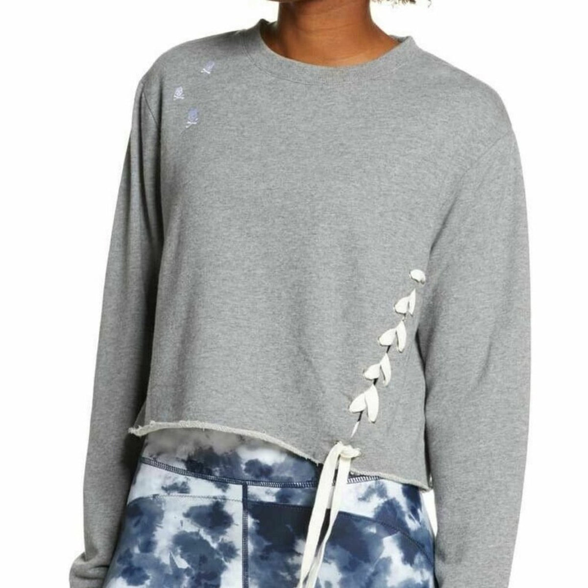 SoulCycle Cropped Lace Up Sweatshirt Pullover Embroidery Extra Small Grey Cozy