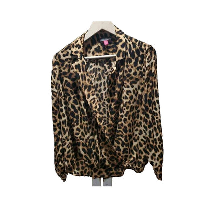Vince Camuto Blouse Faux Wrap Top Brown Black Leopard Print Lined Medium NWT