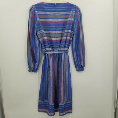 David Warren Striped Tie Waist Belt Dress Long Puff Sleeves Square Neck VTG 12