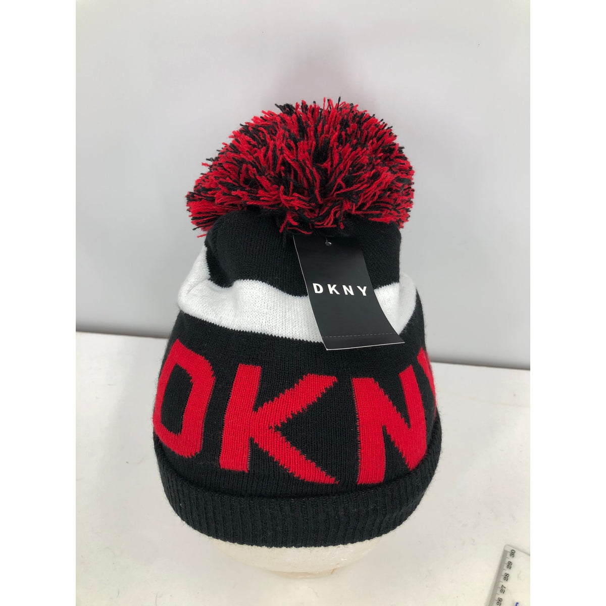 DKNY Women's Logo Stadium Beanie With PomPom Red/black hat Warmer