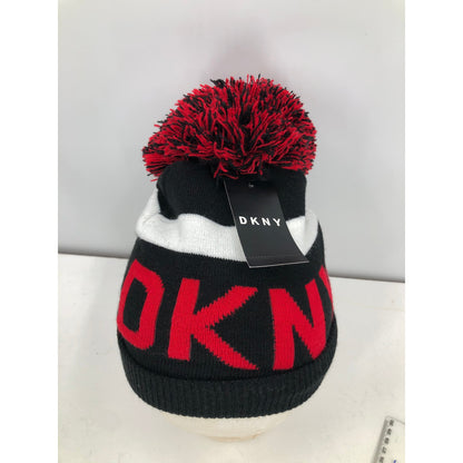 DKNY Women's Logo Stadium Beanie With PomPom Red/black hat Warmer