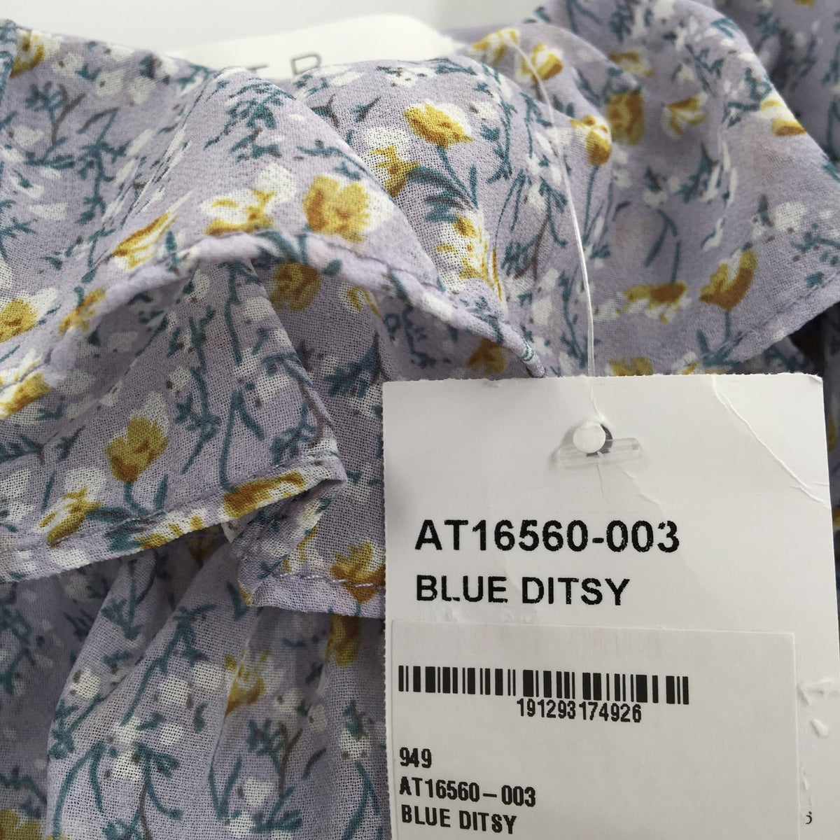 ASTR Women's Ruffle Neck Blouse Top Blue Ditsy Lavender Ruched Cuffs X-Small NWT