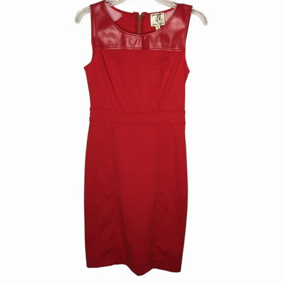 ICE  Sheath Dress Sleeveless Faux Leather Scoop Neck Back Zip Solid Red Size 4