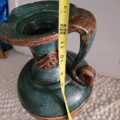 Mexican clay pottery ewer pitcher Teal Gold green Large 12" Tall heavy