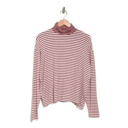 PST By Project Social T Turtleneck Top Medium Burgundy Oatmeal Stripe NWT