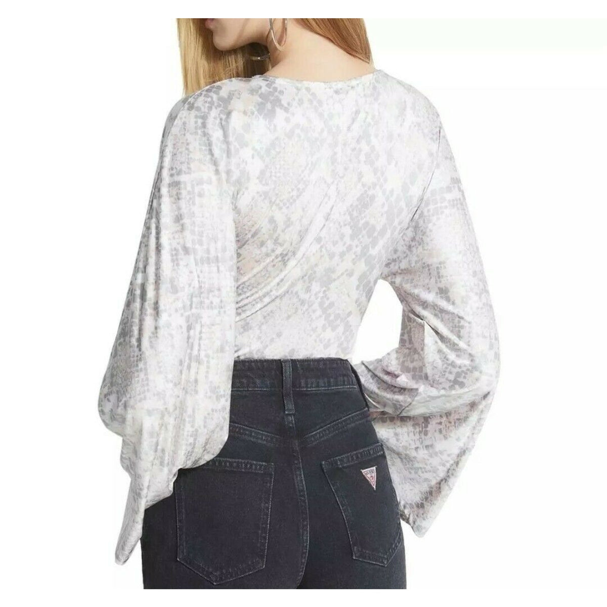 Guess MEDIUM  Gray Printed Kimono Wide Sleeves Thong Snap Bodysuit Top NEW
