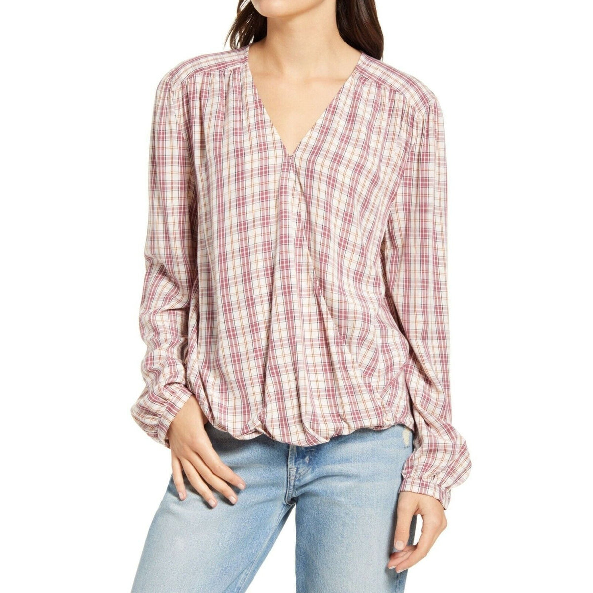 Treasure & Bond Shirred Wrap Top XS/Extra Small Pink Frosty Plaid NEW Surplice