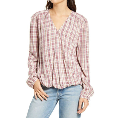 Treasure & Bond Shirred Wrap Top XS/Extra Small Pink Frosty Plaid NEW Surplice