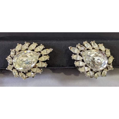 Vintage Crown Trifari Rhinestone Teardrop Clip On Earrings silvertone