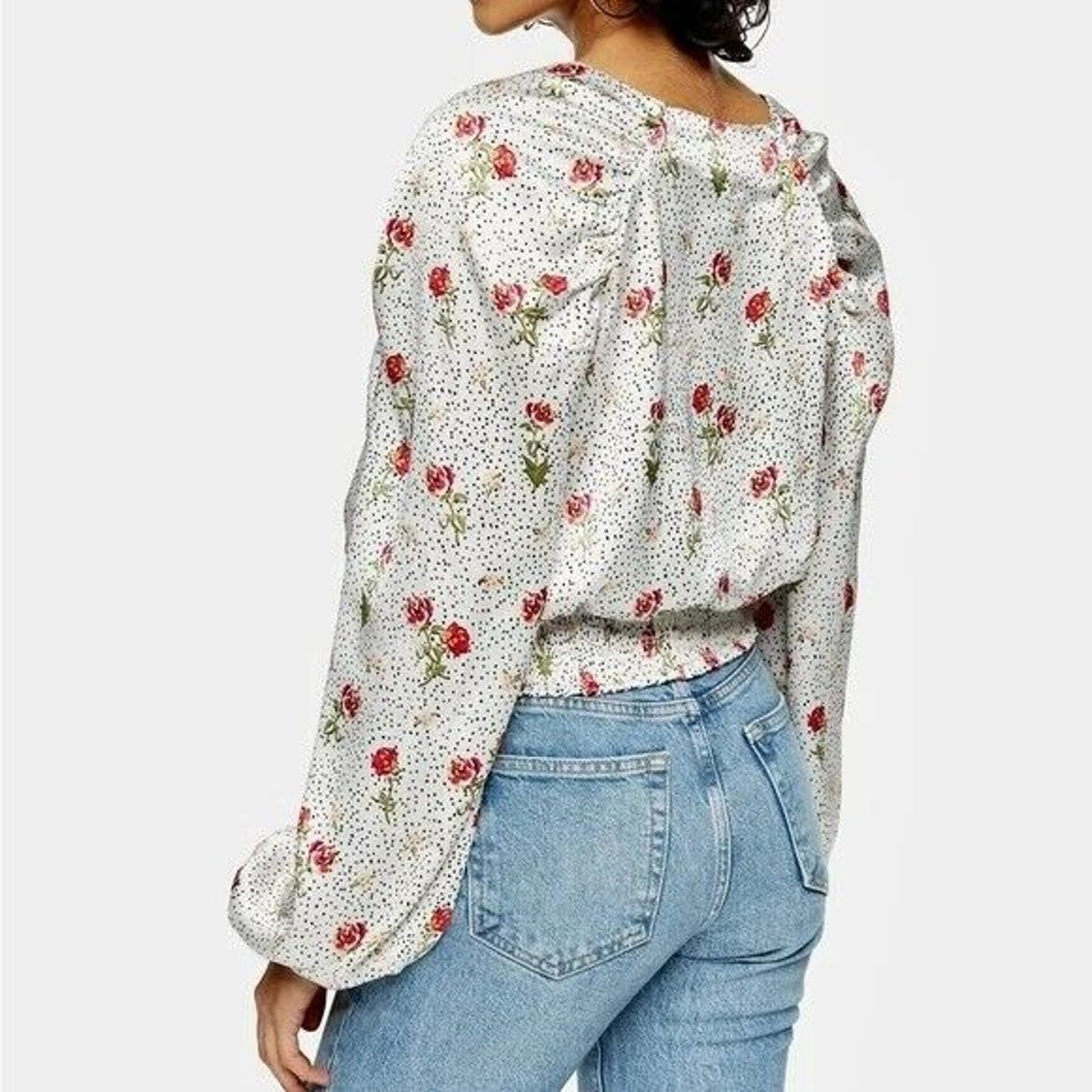 TopShop Women’s Floral Dot Tie Front Satiny Blouse Size 4 White Dots Floral NWT