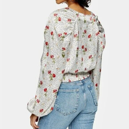 TopShop Women’s Floral Dot Tie Front Satiny Blouse Size 4 White Dots Floral NWT