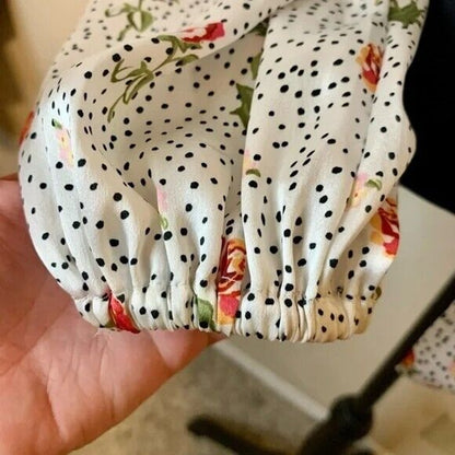 TopShop Women’s Floral Dot Tie Front Satiny Blouse Size 4 White Dots Floral NWT