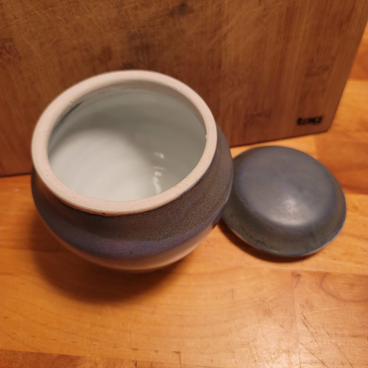 M. Law art pottery lidded jar clay Signed Studio blue Cream Apothecary Stash