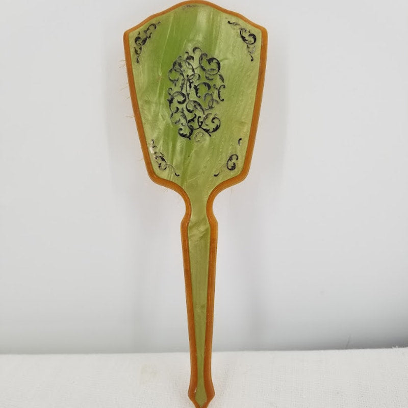 Gloralie Amerith Vintage Hairbrush Vanity Green Celluloid Bakelite makeup brush