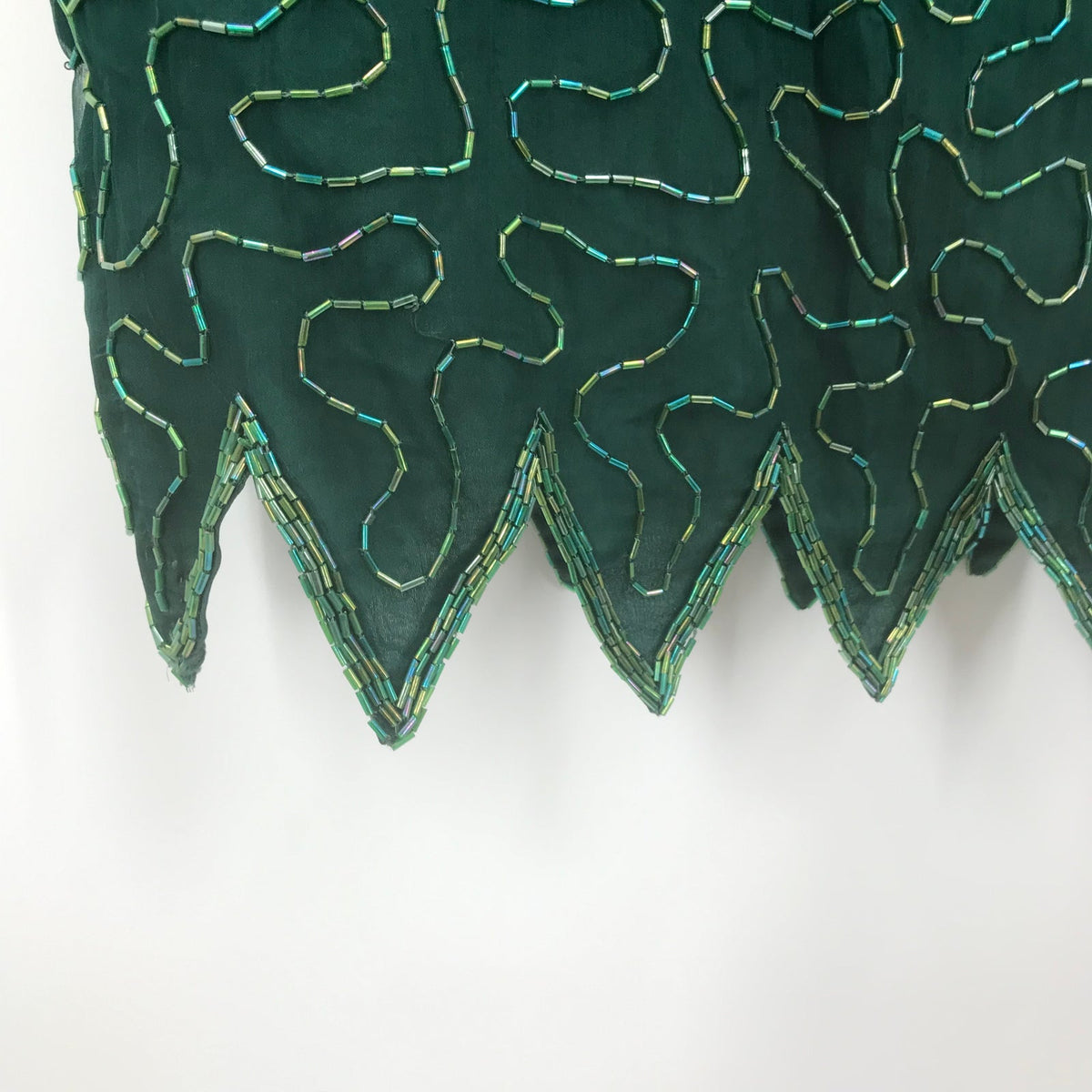 Vintage Denise Elle Sequin Beaded Scalloped Hem Sheath Dress Emerald Green Large