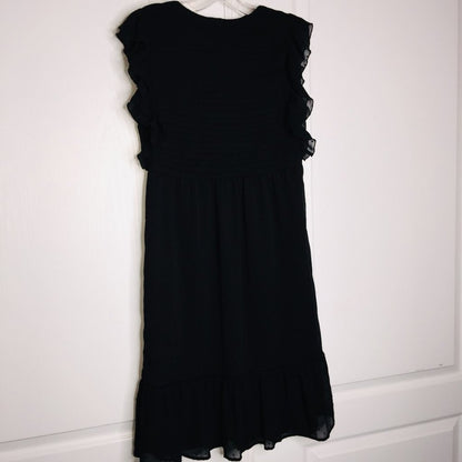 Kaari Blue Black Sheath Dress Ruffled Flutter sleeve swiss dot V-Neck SMALL LBD
