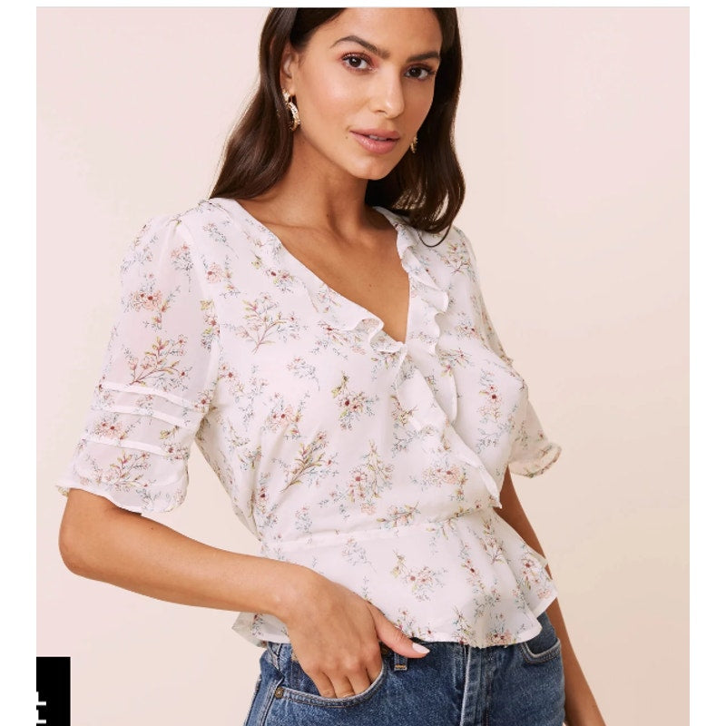 Astr Ivory Floral Small Faux Wrap Front Ruffle NWT Blouse Top Shirt Spring
