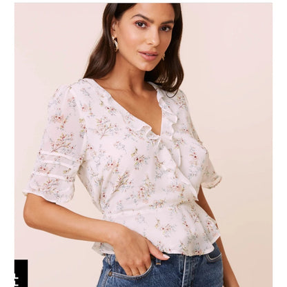 Astr Ivory Floral Small Faux Wrap Front Ruffle NWT Blouse Top Shirt Spring