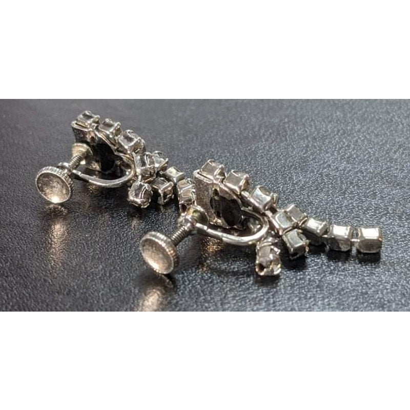 Vintage 3-Strand Tiered Dangly Rhinestone Silver Clip-On Earrings Retro Glamour
