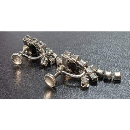 Vintage 3-Strand Tiered Dangly Rhinestone Silver Clip-On Earrings Retro Glamour