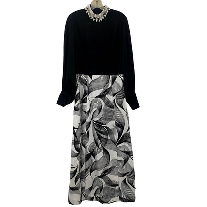Vintage Black and White Dress Spirograph Pattern Pearl Beaded Collar