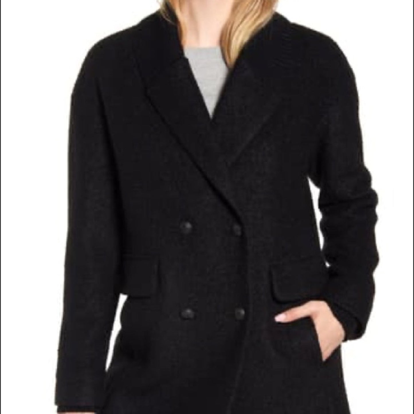 Kenneth Cole Double Breasted Rib Trim Boucle Coat WOMENS Small Jacket  Black NEW