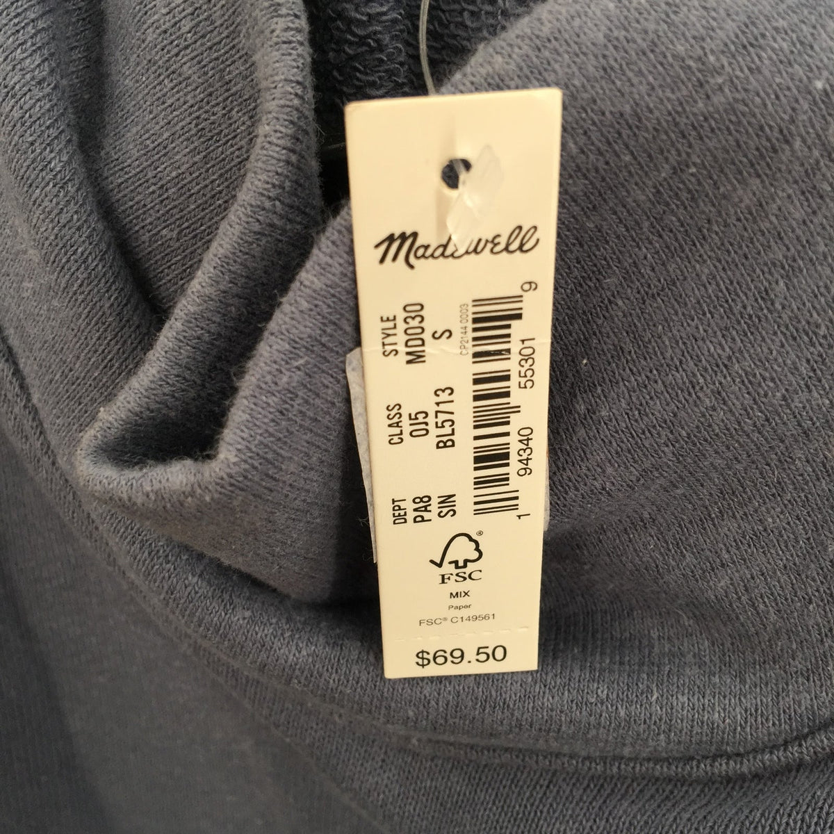 Madewell Slate Blue Raw Edge hem Sz Small Long Sleeve Low Turtle Neck Sweatshirt