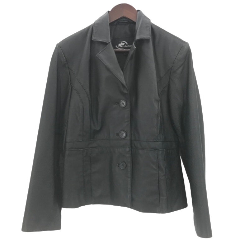 KC Collections Front 3 Button Black Leather Jacket Long Sleeves Black Large