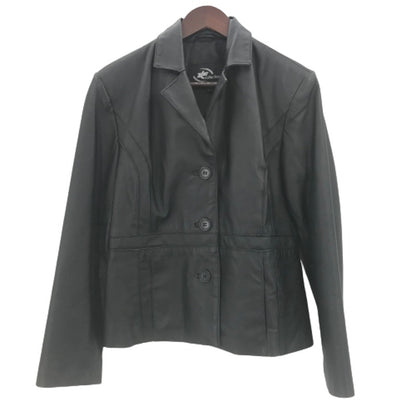 KC Collections Front 3 Button Black Leather Jacket Long Sleeves Black Large