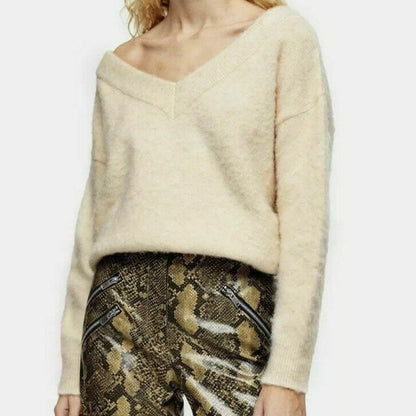 Topshop V-Neck Pullover Sweater Stretch Size 14 Oatmeal Cream Round Hem oVERSIZE