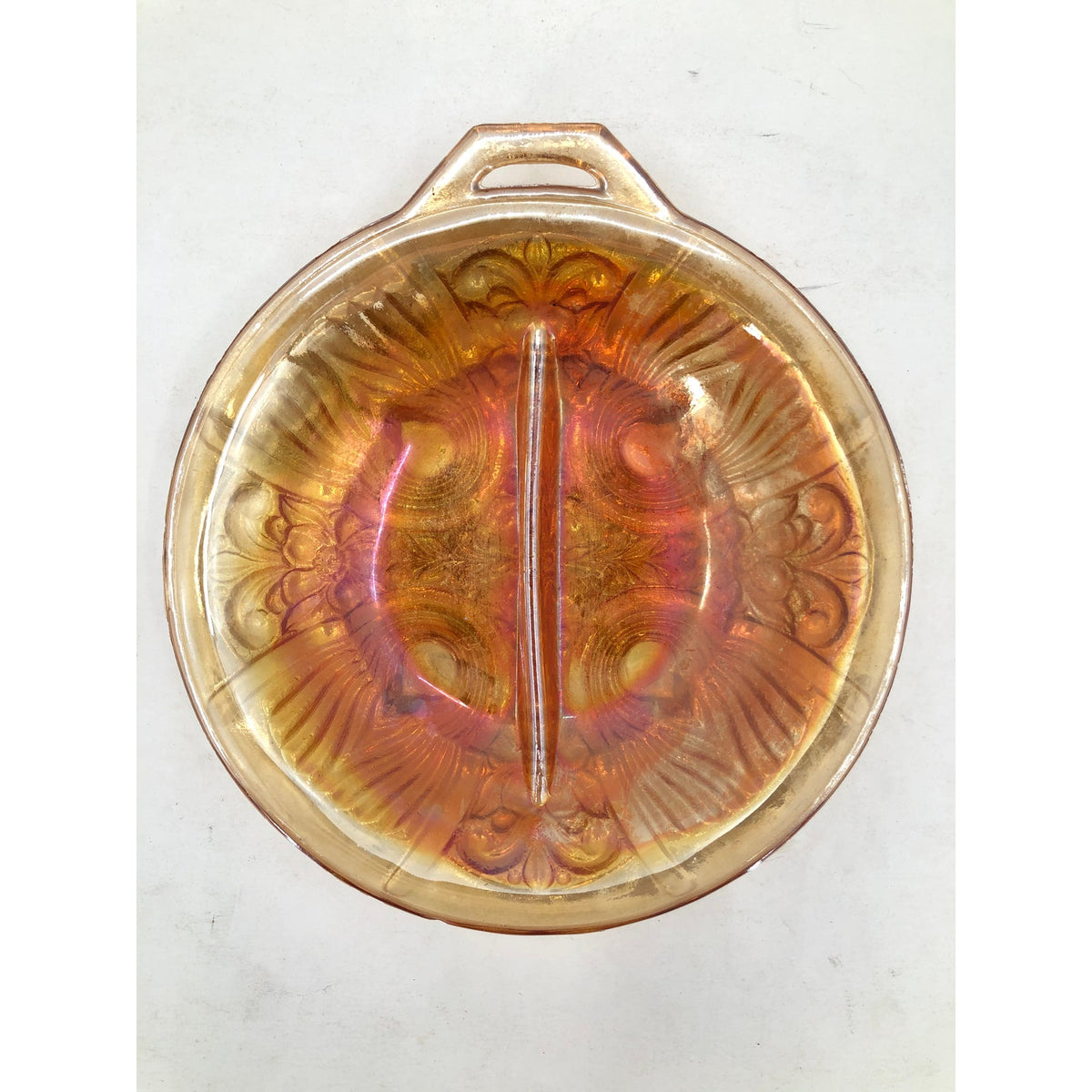 Vintage Iridescent Marigold Carnival Glass Divided Candy Nut Dish Open Handle