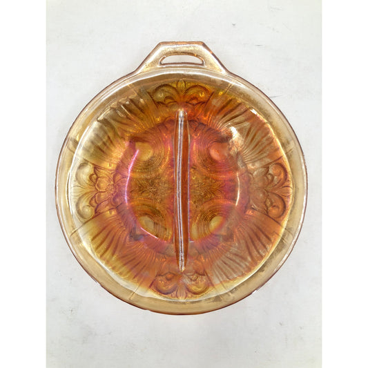 Vintage Iridescent Marigold Carnival Glass Divided Candy Nut Dish Open Handle