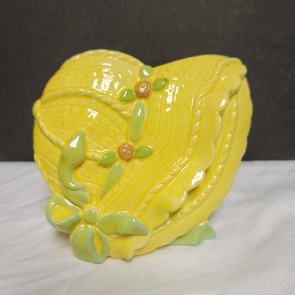 Vintage bonnet planter vase ceramic Hat Yellow green flowers Kitschy Collectible