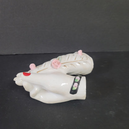 Porcelain hand bud vase vanity Vintage 1950’s Feather Pen Holder White Florals