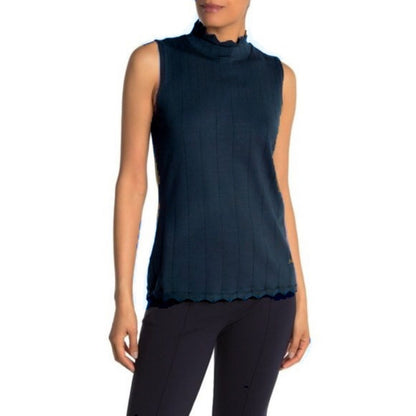 Devotion by Cyrus NEW Navy Blue Scallop Trim Mock Neck Tank Size Large