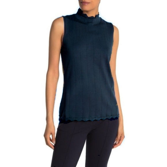 Devotion by Cyrus NEW Navy Blue Scallop Trim Mock Neck Tank Size Large
