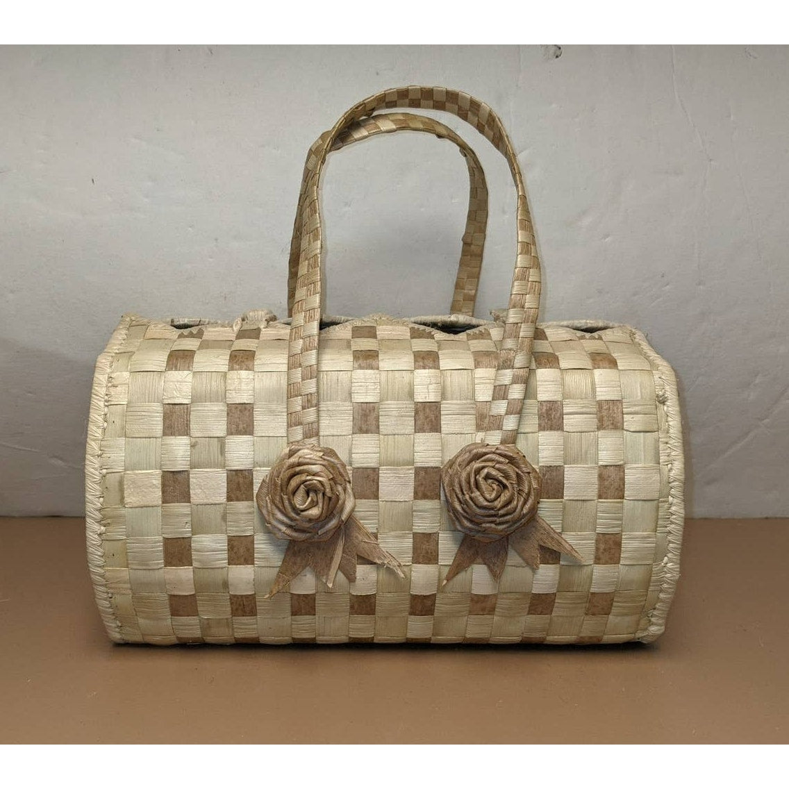 Clamshell Handmade Woven Purse with Flowers Bamboo or Grass Handbag Very Stiff