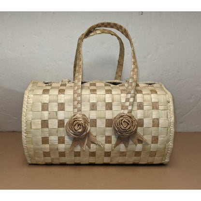 Clamshell Handmade Woven Purse with Flowers Bamboo or Grass Handbag Very Stiff