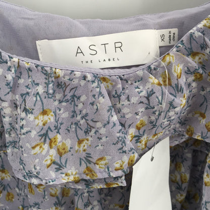 ASTR Women's Ruffle Neck Blouse Top Blue Ditsy Lavender Ruched Cuffs X-Small NWT