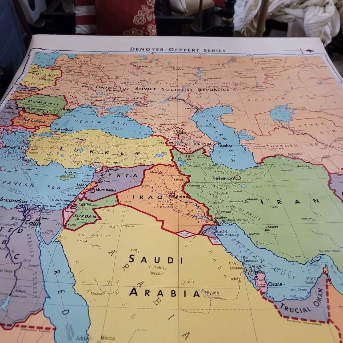 1967 Denoyer Geppert  School Wall Rollup Map The Middle East World Perspective